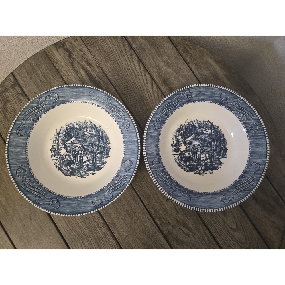 2 - Royal China Currier & Ives Blue Maple Sugaring 9-1/4" Serving Bowls READ